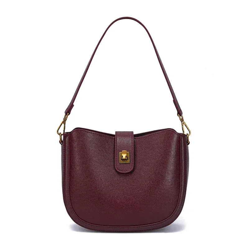 Sac seau cuir marron fermoir Rouge