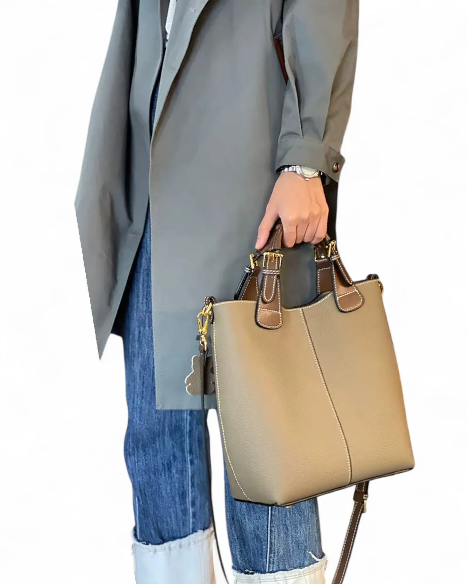 Sac seau cuir taupe bicolore Gris