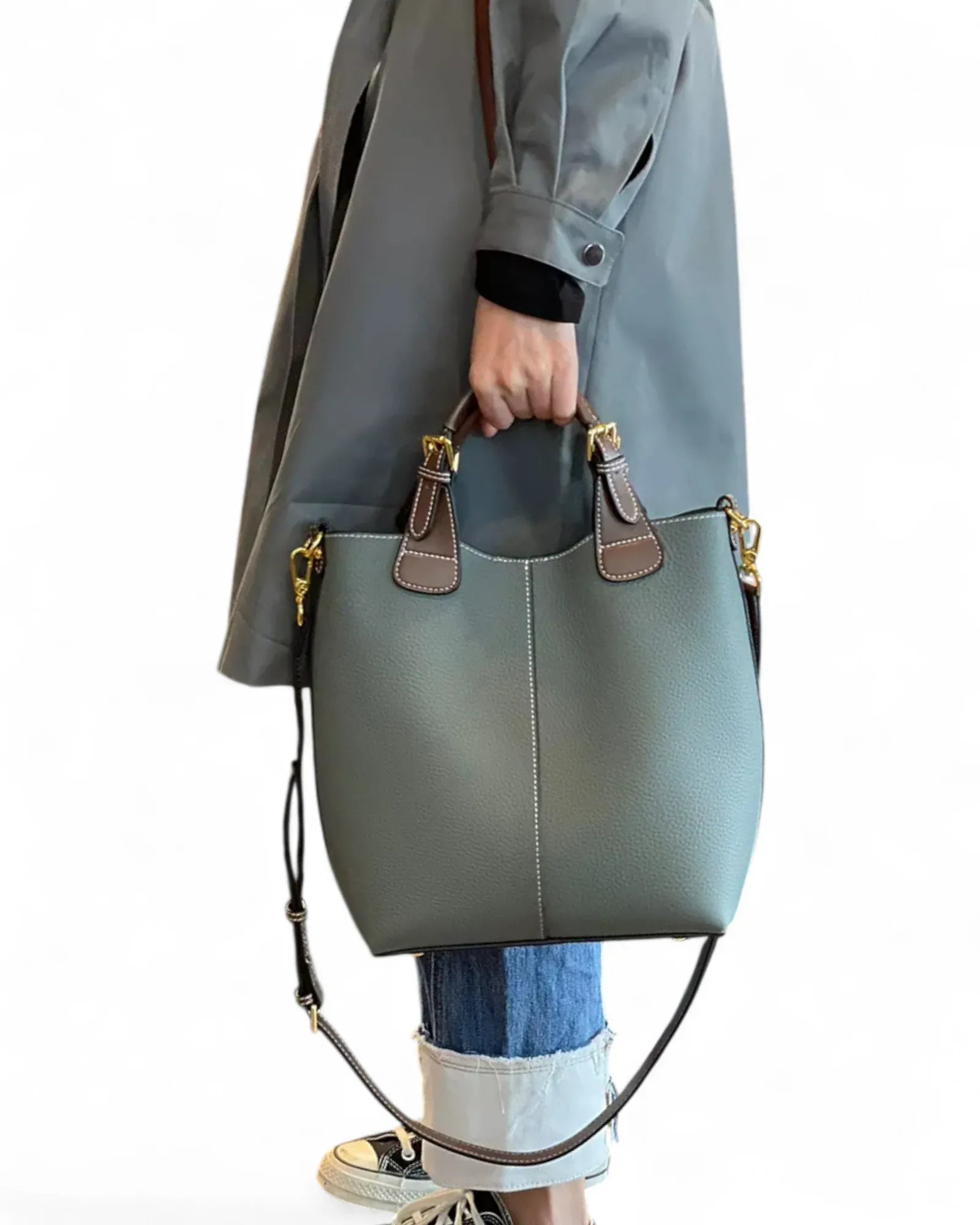 Sac seau cuir taupe bicolore Vert