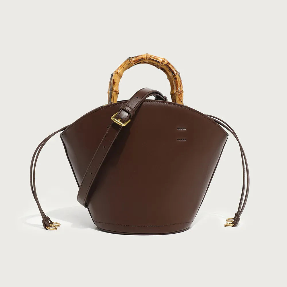 Sac seau en cuir surpiqué bambou Café