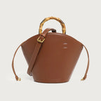 Sac seau en cuir surpiqué bambou Marron