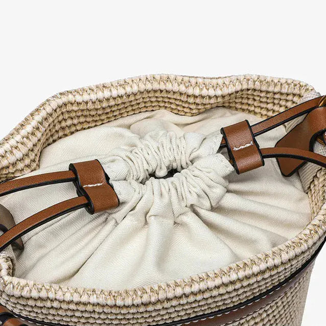 Sac seau paille et cuir Beige & Marron