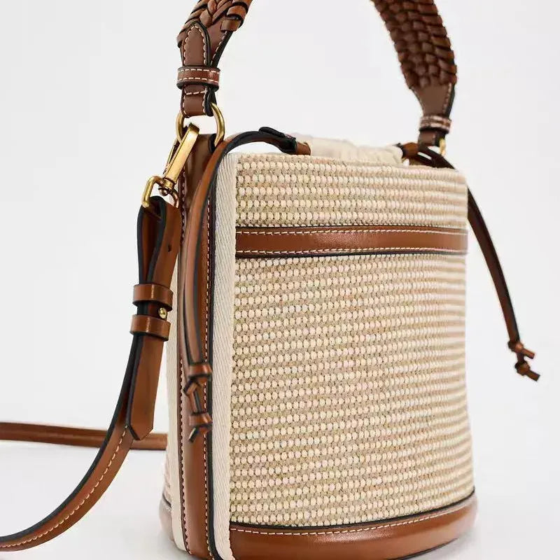 Sac seau paille et cuir Beige & Marron