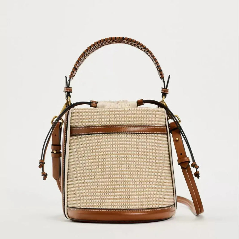Sac seau paille et cuir Beige & Marron