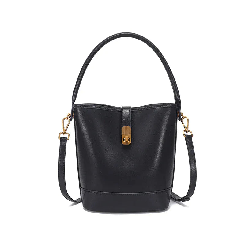Sac seau plat en cuir Noir / 24x8x15cm