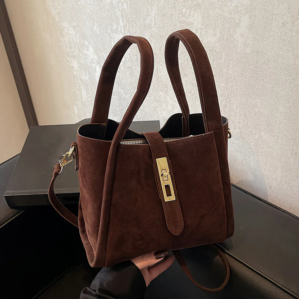 Sac seau suédine fermoir Café / (20cm<Max Length<30cm)